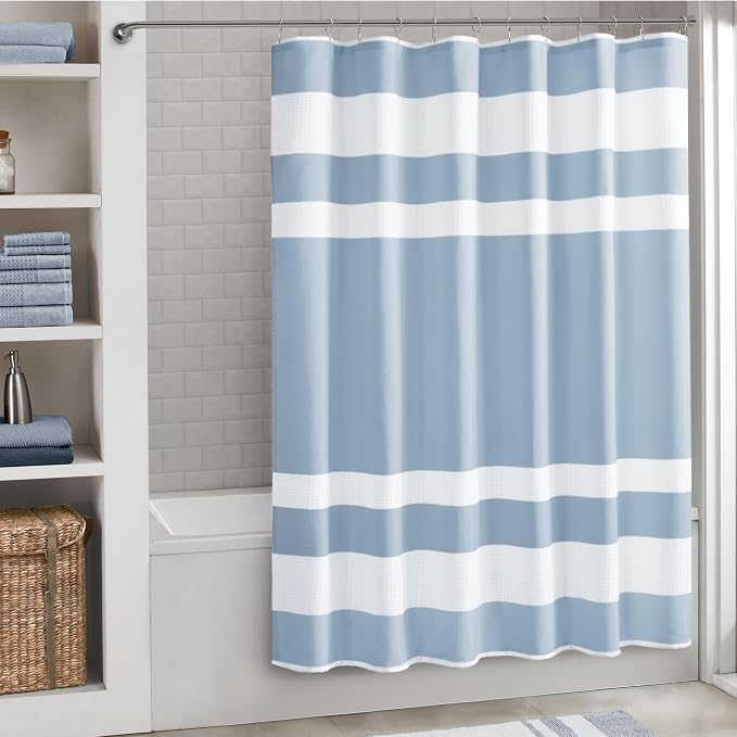 Madison Park Spa Waffle Weave Long Shower Curtain, 72 x 78, Blue | Striped, Pieced Fabric Design, 3M Scotchgard Moisture Management, Hotel Quality, Modern, for Bathroom, OEKO-TEX Certified