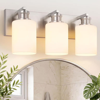 3-Light Bathroom Light Fixtures, Brushed Nickel Vanity Light Over Mirror | Modern Vanity Lights for Bathroom with Milky White Glass Shade, Wall Lamp for Kitchen Bedroom Hallway Living Room, 16.5 Inch