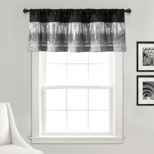 Lush Decor Night Sky Sequins Valance Curtain Single, 52"W x 18"L Black & Gray - Kitchen Curtains Valances For Windows - Bathroom Curtains Window