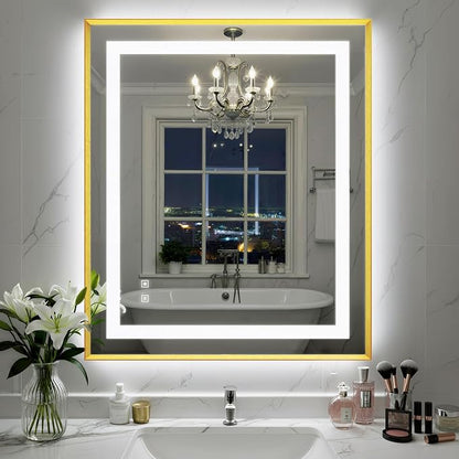 30X36 Inch Frontlit+ Backlit LED Bathroom Mirror with Lights Gold | Bathroom Vanity Mirror for Wall, Ultra-Clear Tempered Glass, Shatter-Proof, Anti-Fog and Memory Function, ETL Listed