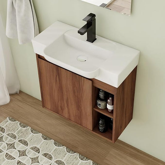 24 Inch Floating Vanity, 24" Bathroom Vanity with Sink, Single Sink Wall Mounted Vanity Combo, Modern Brown Bathroom Vanity Set with 1 Door