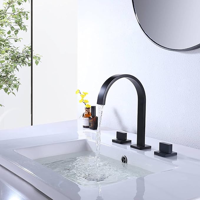 Waterfall Bathroom Faucet, Modern Sink Mixer Tap, 3 Hole Deck Mounted for Farmhouse Vanity，Black