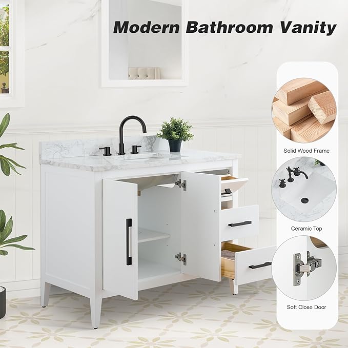 HomeBeyond 42 Inch Bathroom Vanity with Sink & Ceramic Top, Single Vanity Cabinet with Basin, Soft-Closing Doors & Matte Black Hardware, White