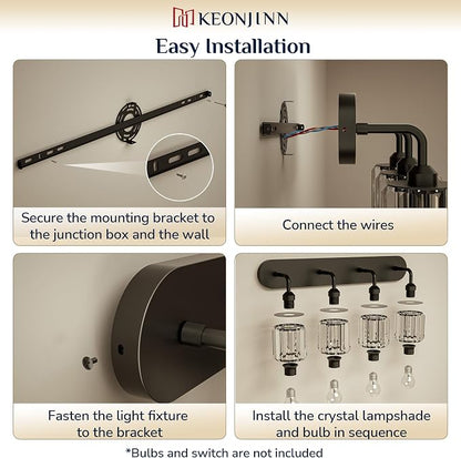 Keonjinn 4-Light Black Bathroom Light Fixtures Over Mirror, Crystal | Vanity Lighting Fixture with Crystal Square Shades, Dimmable, Modern Style, Compatible with E26 Base LED Bulbs (Exclude Bulb)