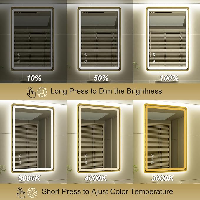 24x36 Inch Gold Framed LED Bathroom Mirror, Smart Bathroom Mirror with Motion Sensor Lights, Anti Fog, Stepless Dimmable & 3 Colors Temperature Adjustment, LED Vanity Mirror for Wall