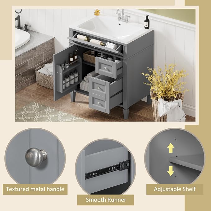 30" Bathroom Vanity Without Top Sink,Modern Freestanding Bath Storage Cabinet with 2 Soft-Close Drawers and Tip-Out Tray & Cabinet Door Organizer,Adjustable Shelf,Easy Assembly,Grey