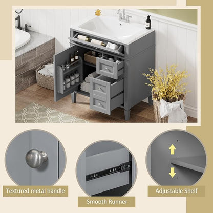 30" Bathroom Vanity Without Top Sink,Modern Freestanding Bath Storage Cabinet with 2 Soft-Close Drawers and Tip-Out Tray & Cabinet Door Organizer,Adjustable Shelf,Easy Assembly,Grey