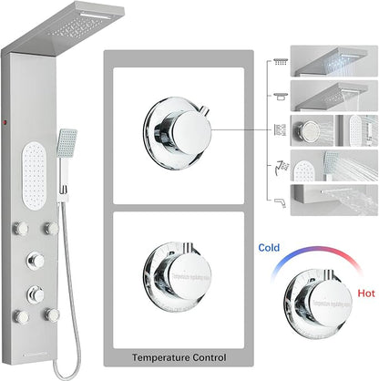 Luxury Shower Tower System with LED Shower Head, 5 Functions Shower Panel Tower System with 4 pcs Body Massage Jets,Stainless Steel Wall Mount Massage Shower Panel Tower System Brushed Nickel