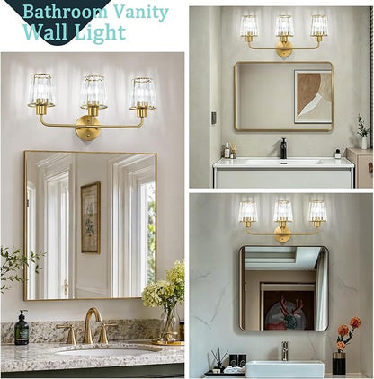 Brushed Gold Vanity Lights, 3-Light Crystal Bathroom Light Fixtures | Modern Bathroom Vanity Light E26 Wall Light over Mirror (Exclude Bulb)