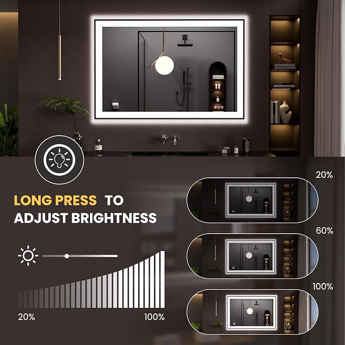 LOAAO 48"X32" LED Bathroom Mirror Black Framed | Anti-Fog, Dimmable, Memory Function, Tempered Glass, Lighted Vanity Mirror for Wall