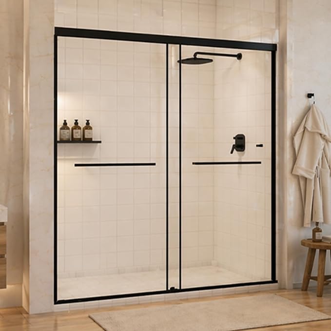 56-60" W x 72" H Semi-Frameless Double Sliding Shower Door | 1/4" SGCC Clear Tempered Glass with Explosion-Proof Film, Matte Black Bypass Walk-In Shower Door, Reversible