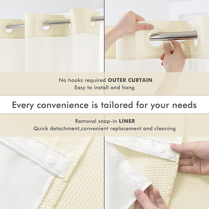 No Hook Cream Shower Curtain with Snap-in Fabric Liner 71x74 | Embossed Waffle-Look Textured, Sheer Window, Soft & Lightweight, Water Repellent Fabric Shower Curtain for Bathroom