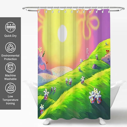 Anime Cartoon Green Hill Sunset Shower Curtain Set 72x72 Inches | Anime Cartoon Green Hill Sunset Landscape Print, Whimsical Home Guest Housewarming Cartoon Lover Bathroom Decor, With Hooks