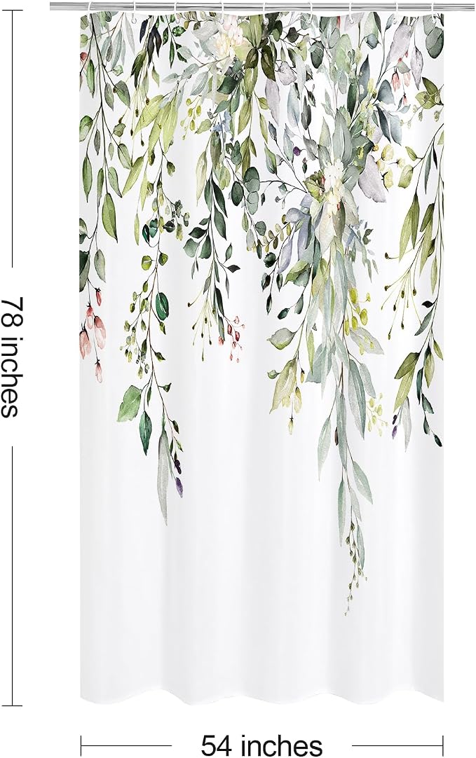 Sage Green Eucalyptus Shower Curtain, Floral Print, 54x78 | Watercolor Plant Leaves Floral Print, Stall Waterproof Fabric Bathroom Decor, Machine Washable, Rustproof Grommets