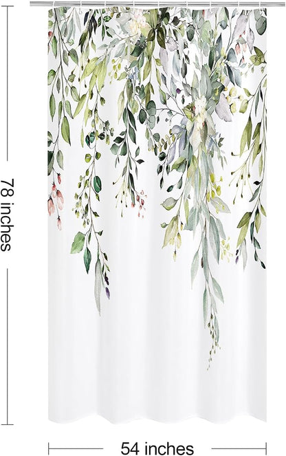 Sage Green Eucalyptus Shower Curtain, Floral Print, 54x78 | Watercolor Plant Leaves Floral Print, Stall Waterproof Fabric Bathroom Decor, Machine Washable, Rustproof Grommets