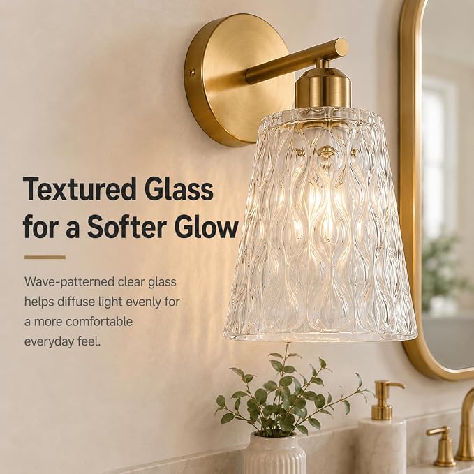 Brushed Gold Bathroom Wall Sconce, 1-Light Stainless Steel Vanity Light Over Mirror with Textured Glass Shade, Modern E26 Fixture for Bathroom Lighting (Bulb Not Included)