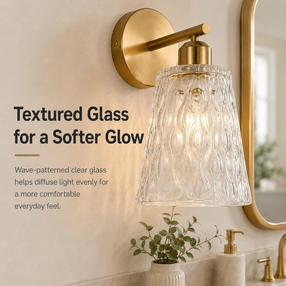 Brushed Gold Bathroom Wall Sconce, 1-Light Stainless Steel Vanity Light Over Mirror with Textured Glass Shade, Modern E26 Fixture for Bathroom Lighting (Bulb Not Included)