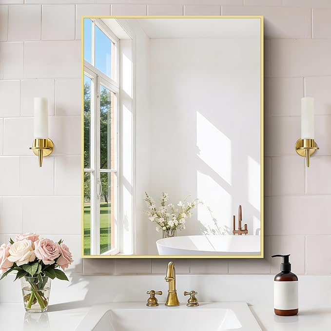 Gold Bathroom Mirror for Wall, 24x32 Inch Rectangle Mirror with Metal Frame, Modern Vanity Mirrors for Bathroom Living Room, Entryway Hangs Horizontal or Vertical