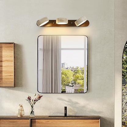 Wood Farmhouse Bathroom Vanity Light,Natural Stone Travertines Walnut Wall Lamp 3 Lights Travertine Shade Wabi Sabi Lamp, Linear Bathroom Vanity Lighting Rotatable 30W LED Wall Fixture Over Mirror