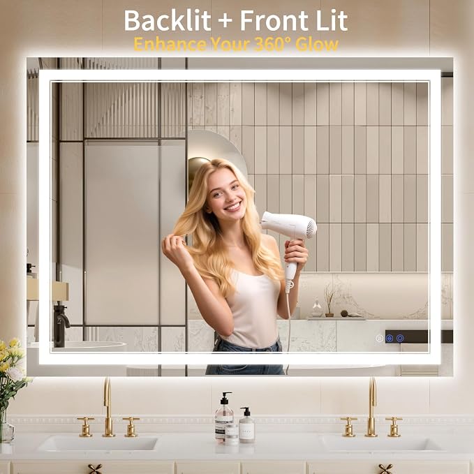 36"x48" LED Bathroom Mirror with Lights, Anti-Fog, Backlit + Front Lit, Shatter-Proof Tempered Glass