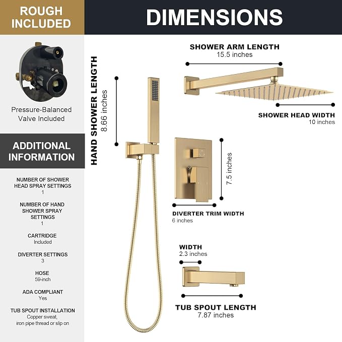 Lava Odoro Modern 3-Setting Square Shower and Tub Faucet Set with Shower Head and Handheld Sprayer Gold, Rainfall Shower System with Tub Spout, Shower Valve Trim Kit, Champagne Gold, SF103-CB-T