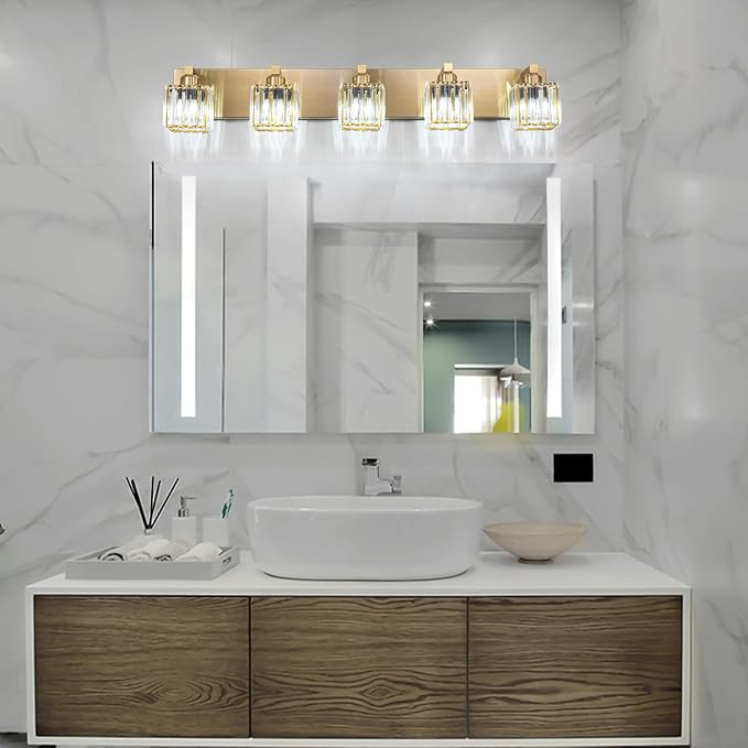 Gold Crystal Bathroom Vanity Lights, 5 Lights Bathroom Lighting Fixtures Over Mirror Modern Gold Crystal Wall Light with Square Shade