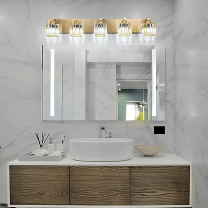 Gold Crystal Bathroom Vanity Lights, 5 Lights Bathroom Lighting Fixtures Over Mirror Modern Gold Crystal Wall Light with Square Shade