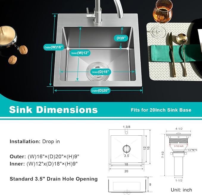 20x16 inch Drop in Kitchen Sink 304 Stainless Steel Brushed | 9" Deep Single Bowl Compact Basin with 1 Faucet Hole, 20"x16" Topmount Sink for Small Kitchen, Bar,and Prep Area