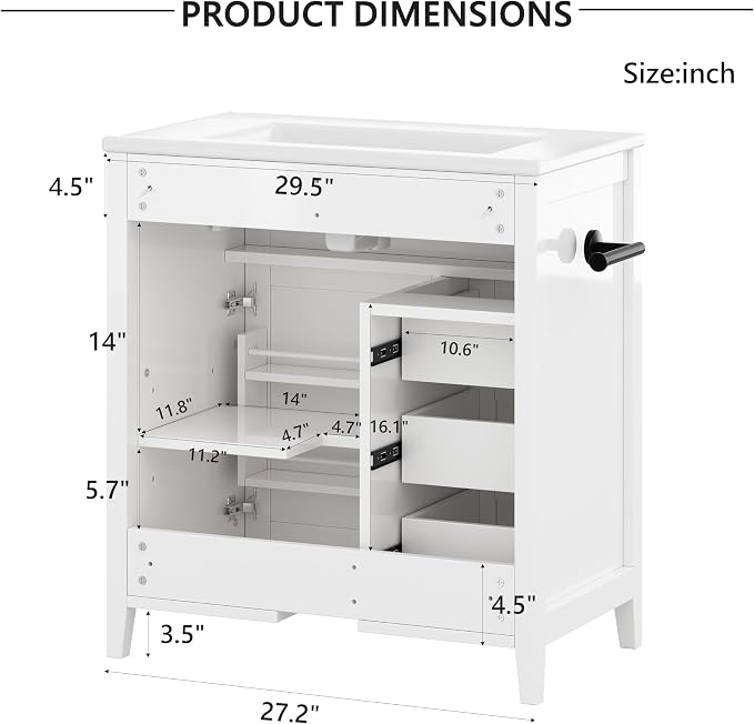 Bellemave 30" Bathroom Vanity with Sink, Bathroom vanities, White Bathroom Vanity with Drawers, Sink Cabinet, White 30"