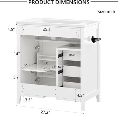 Bellemave 30" Bathroom Vanity with Sink, Bathroom vanities, White Bathroom Vanity with Drawers, Sink Cabinet, White 30"