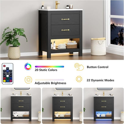Bathroom Vanity with Sink, 24 Inch Small Bathroom Storage Cabinet with Double Drawers, Freestanding Modern Bathroom Cabinet with Open Bottom Shelf & LED Light, Black