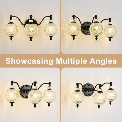 Matte Black Bathroom Vanity Light, 3-Light Mid Century Farmhouse Wall Sconce with Globe Glass Shades, Retro Mirror Light for Bathroom, Powder Room