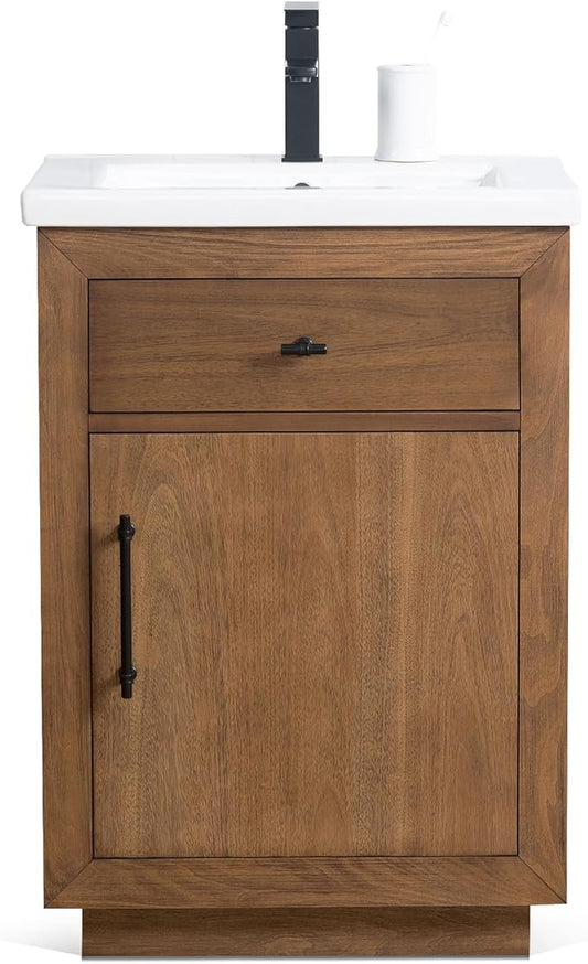 HOMEBEYOND 24" Bathroom Vanity with Single Sink & Ceramic Top, MDF Material Vanity Cabinet with Basin Combo, Soft-Closing Doors, Removable Shelf, Backsplash,Tan