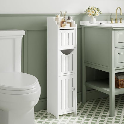 VECELO Bathroom Cabinet, Small Storage Cabinet with Toilet Paper Scroll,Corner Cabinet with Farmhouse Style Door for Bathroom Narrow Corner Space,Pearl White