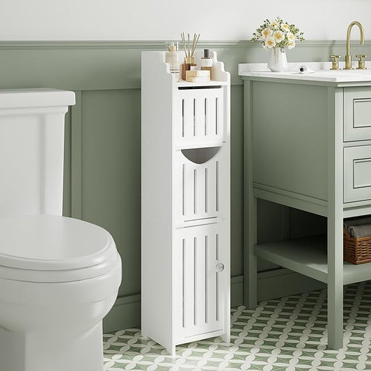 VECELO Bathroom Cabinet, Small Storage Cabinet with Toilet Paper Scroll,Corner Cabinet with Farmhouse Style Door for Bathroom Narrow Corner Space,Pearl White