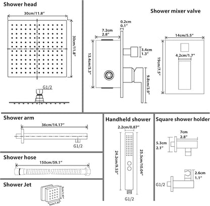 RUMOSE Rainfall Shower System with 4 Full Body Jet 4 Mode Shower Faucet Set | 12 Inch Rain Shower Head, 2 in 1 Handheld Spray, Matte Black Brass Shower Jet Shower Fixtures, Wall Mounted