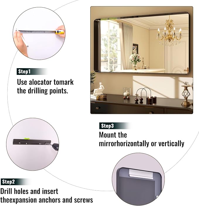 Easly 48"x30" Black Bathroom Mirror - Modern Black Mirror for Wall with Rounded Corners, Bathroom Mirrors for Vanity, Aluminum Alloy Framed Mirror Portrait or Landscape Hang