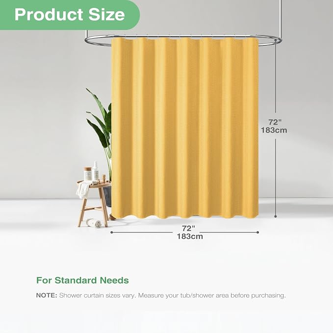 Waffle Shower Curtain 256 GSM Heavy Duty Fabric 72"x72" Gold | Thick Textured Cloth, Weighted Hem, Water Repellent Washable, Hotel Luxury Polyester Shower Curtain Set for Bathroom 12 Hooks