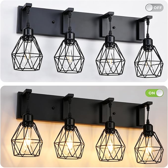 Somniferous 4 Light Bathroom Vanity Light, Farmhouse Bathroom Light Fixtures Over Mirror, Black Vanity Light with Caged Metal Shade, Rustic Wall Light Fixture for Bedroom, Living Room, E26 Socket