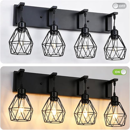 Somniferous 4 Light Bathroom Vanity Light, Farmhouse Bathroom Light Fixtures Over Mirror, Black Vanity Light with Caged Metal Shade, Rustic Wall Light Fixture for Bedroom, Living Room, E26 Socket