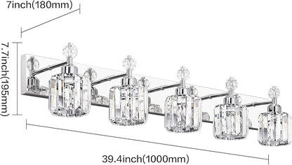 PRESDE Crystal 5-Light Vanity Light for Bathroom，Chrom Modern Bathroom Lights Fixtures Over Mirror