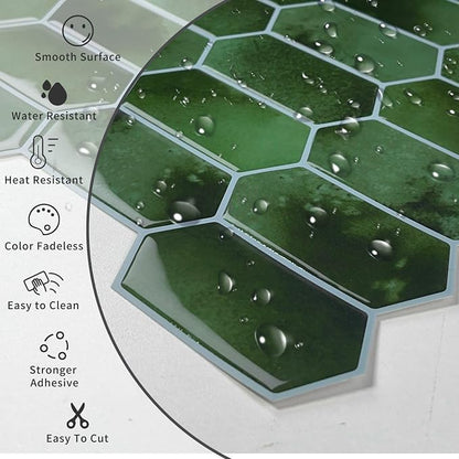 10-Sheet Long Hexagon Peel and Stick Kitchen Backsplash Tiles | 3D Waterproof Self-Adhesive Wall Tile Stick on Backsplash for Kitchen, Bathroom, Fireplace,RV(Dark Green,12"×12")
