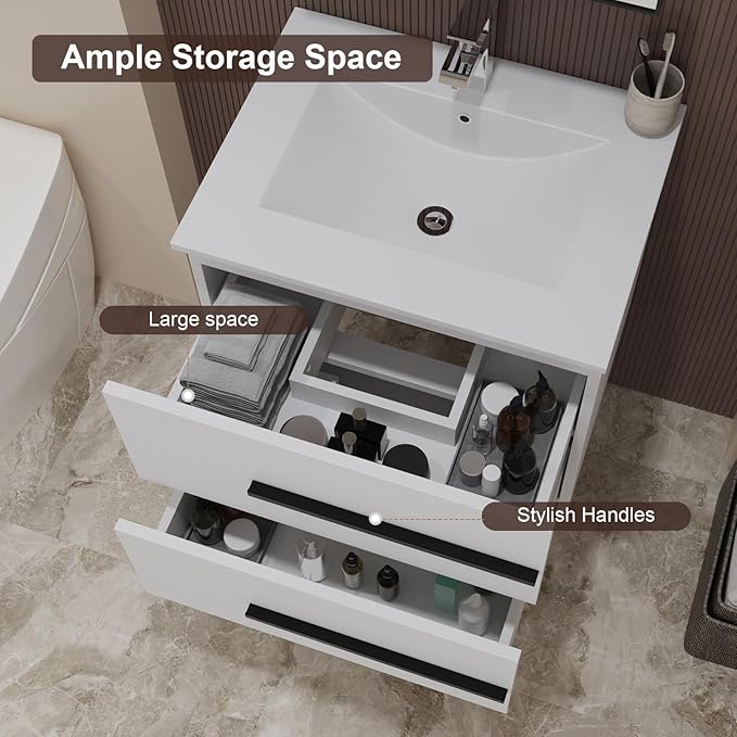 24 inch Floating Bathroom Vanity with Sink, Space Saving Fluted Design for Small Bathrooms, Drawers & Black Handles White