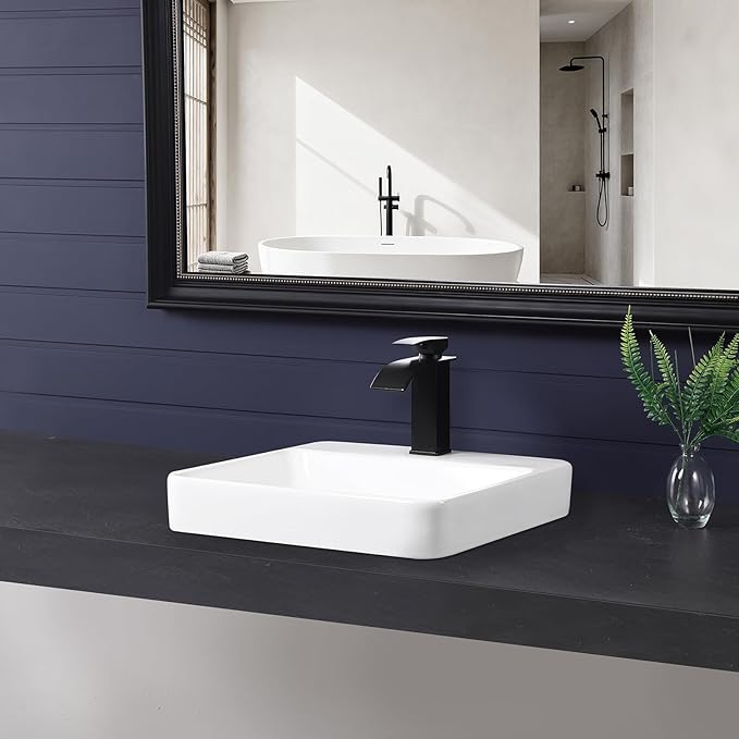 Vessel Sink 18"x18" Semi Recessed Bathroom Sink Drop-in White Bathroom Sink Porcelain Ceramic Modern Rectangular Sinks Drop-in Vanity Sinks with Overflow for Bathrooms