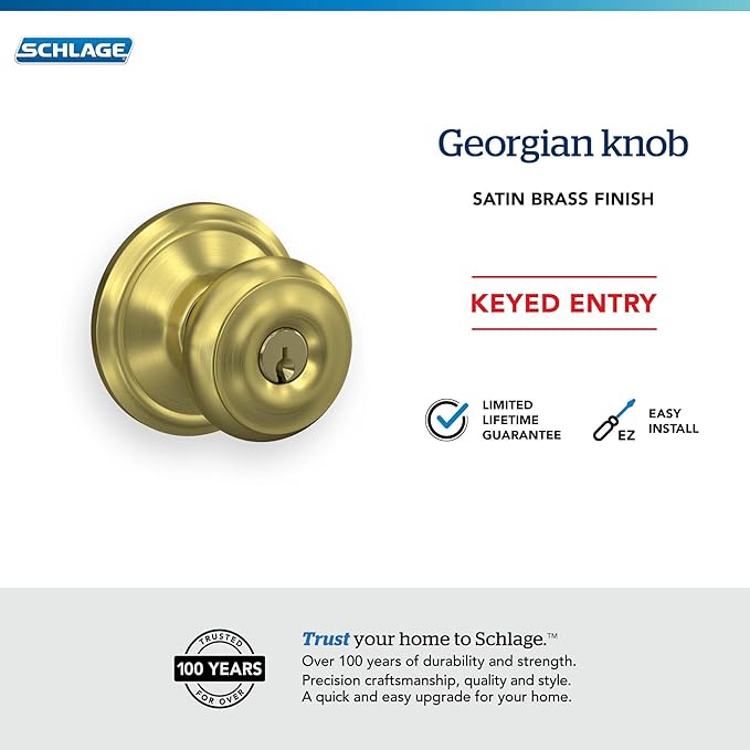SCHLAGE F51A GEO 608 Georgian Knob Keyed Entry Lock, Satin Brass