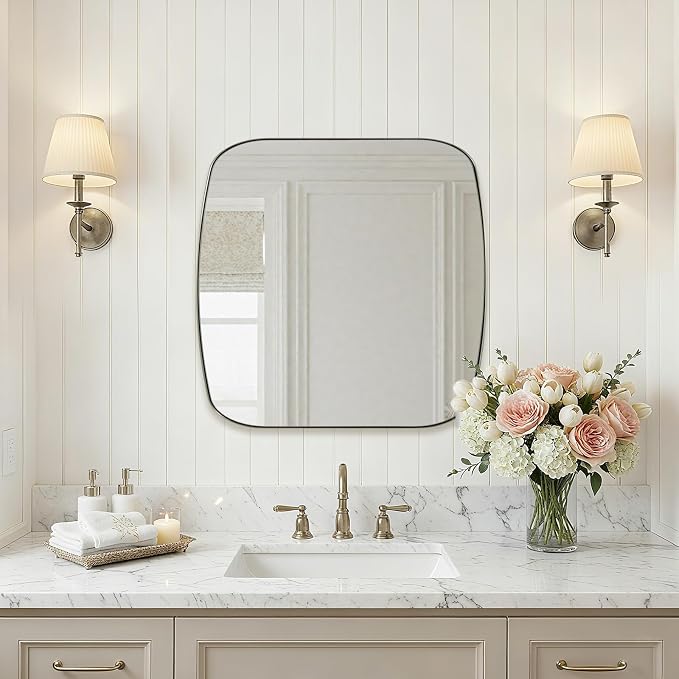 Brushed Nickel Bathroom Mirror, 24x24 Oblong Mirror with Stainless Steel Metal Frame, Silver Vanity Mirror for Over Sink, Modern Anti Rust Wall Mounted