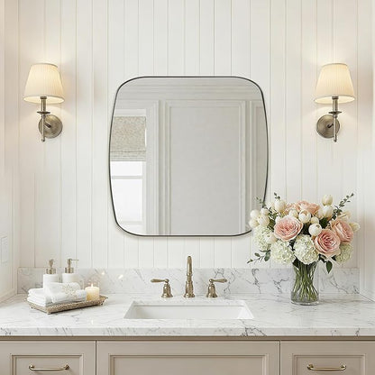Brushed Nickel Bathroom Mirror, 24x24 Oblong Mirror with Stainless Steel Metal Frame, Silver Vanity Mirror for Over Sink, Modern Anti Rust Wall Mounted