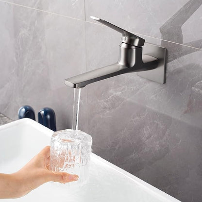 Modern Wall Mount Bathroom Faucet – Brushed Gunmetal Gray,Solid Brass Single Handle with Flip Aerator (2 Flow Modes), Rough-in Valve for Concealed Installation