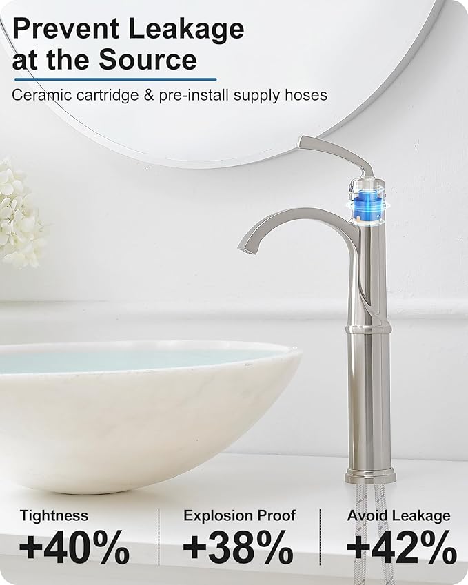 Bathroom Vessel Sink Faucet Brushed Nickel, Brass Tall Waterfall Bathroom Faucet 1 Hole Bathroom Sink Faucet Single Handle Bathroom Faucets with Water Lines Pop-Up Drain