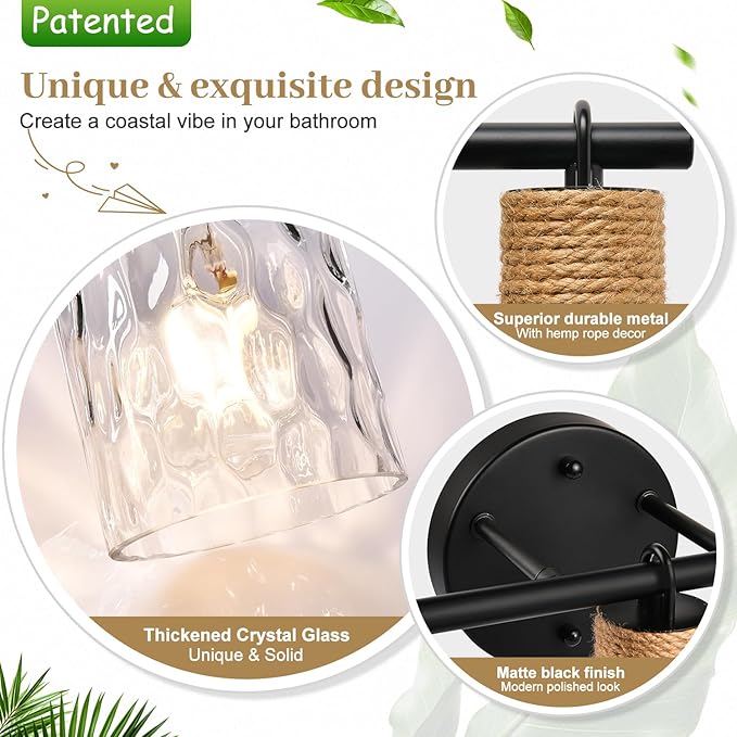 Bathroom Light Fixtures, 4-Light Coastal Vanity Lights with Crystal Glass Shade, Black Bathroom Wall Lamp for Mirror Kitchen Hallway Cabinet